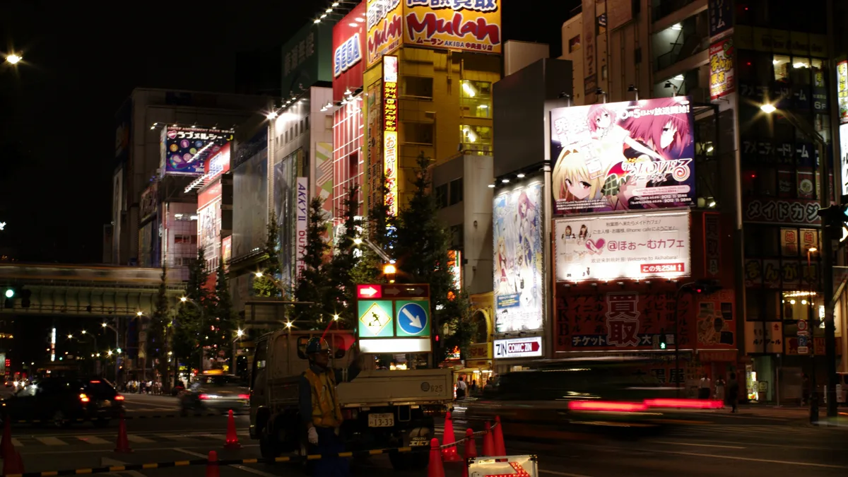 Anime television broadcast displays and banners in Akihabara Tokyo