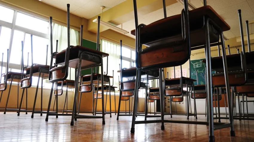 Empty Japanese elementary school classroom where japanese honorifics like san and kun are used for pupils