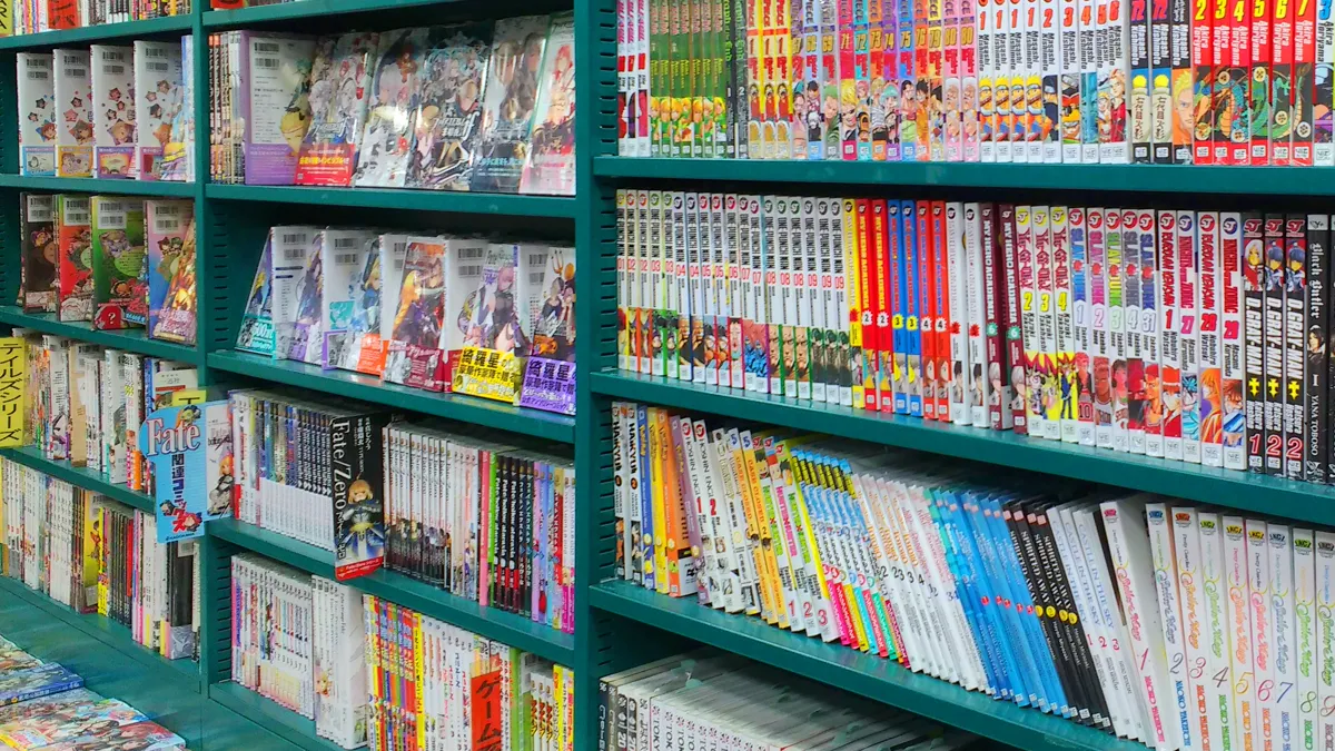 Numbered Manga Volumes in a Kyoto Bookshop Long runs of numbered manga volumes and boxed editions on green shelves in a Kyoto bookshop