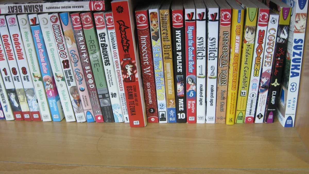 Serialized shonen and shojo manga tankobon volumes arranged on shelves